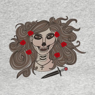 Hand Drawn La Catrina With Cross, Dagger And Roses (Dark) T-Shirt